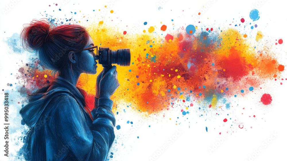 Young woman photographer with red hair looking through a camera lens. Young woman photographer with red hair looking through a camera lens.