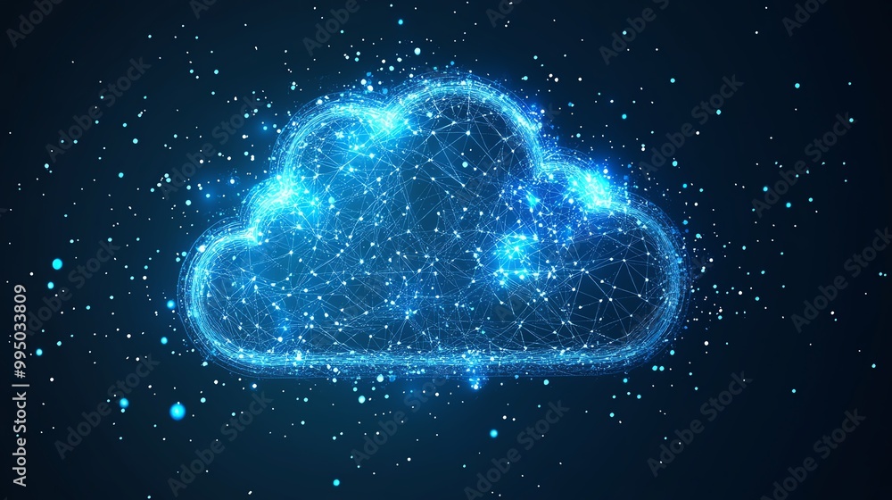 Digital cloud with glowing blue particles on dark background. Digital cloud with glowing blue particles on dark background.