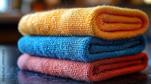 Three neatly folded colorful towels stacked on a dark surface.