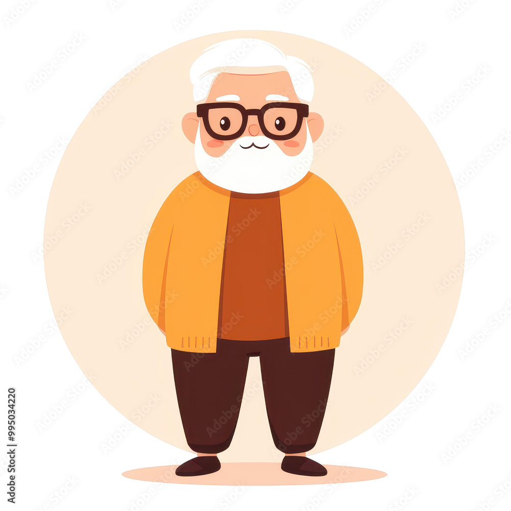 A whimsical, chubby older man with white hair and brown skin stands casually in a vibrant vector art style against a white background. A whimsical, chubby older man with white hair and brown skin stands casually in a vibrant vector art style against a white background.
