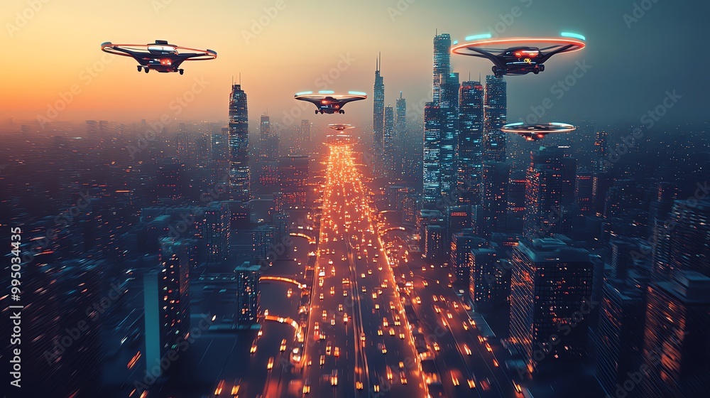 Drones flying over a modern cityscape during sunset, aerial view of urban landscape. Drones flying over a modern cityscape during sunset, aerial view of urban landscape.