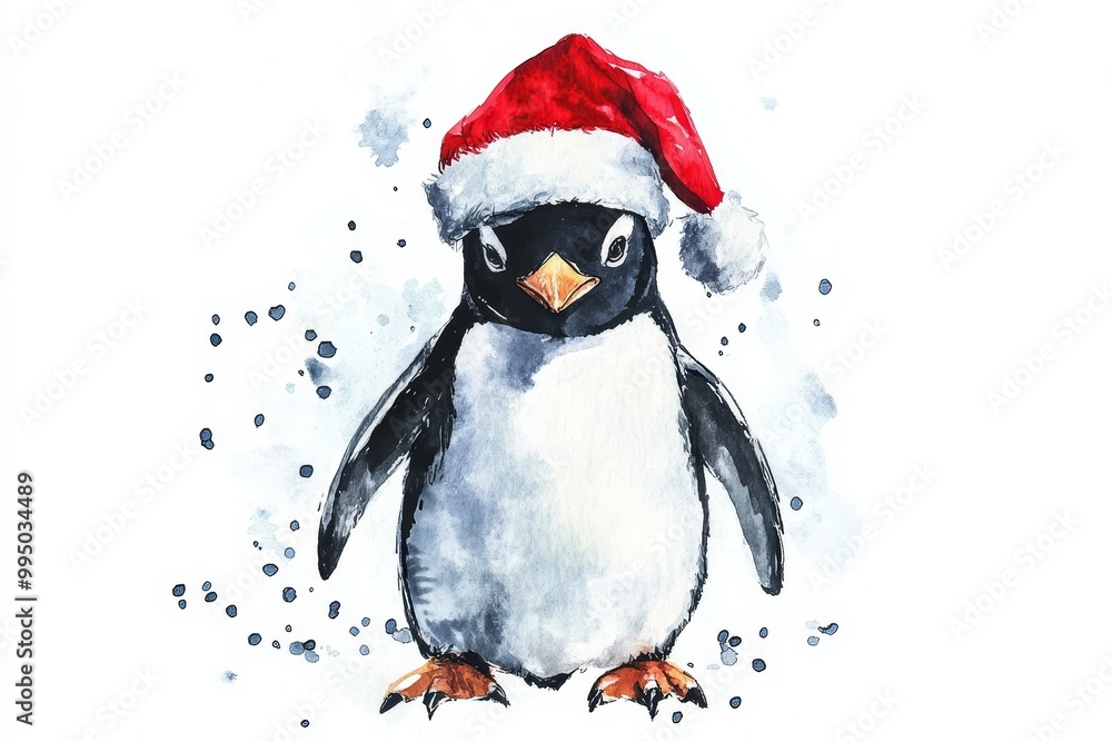 Fototapeta premium Adorable penguin wearing a Santa hat, a perfect holiday illustration for cards, prints, and festive decorations. This watercolor painting symbolizes joy, warmth, and winter festivities.