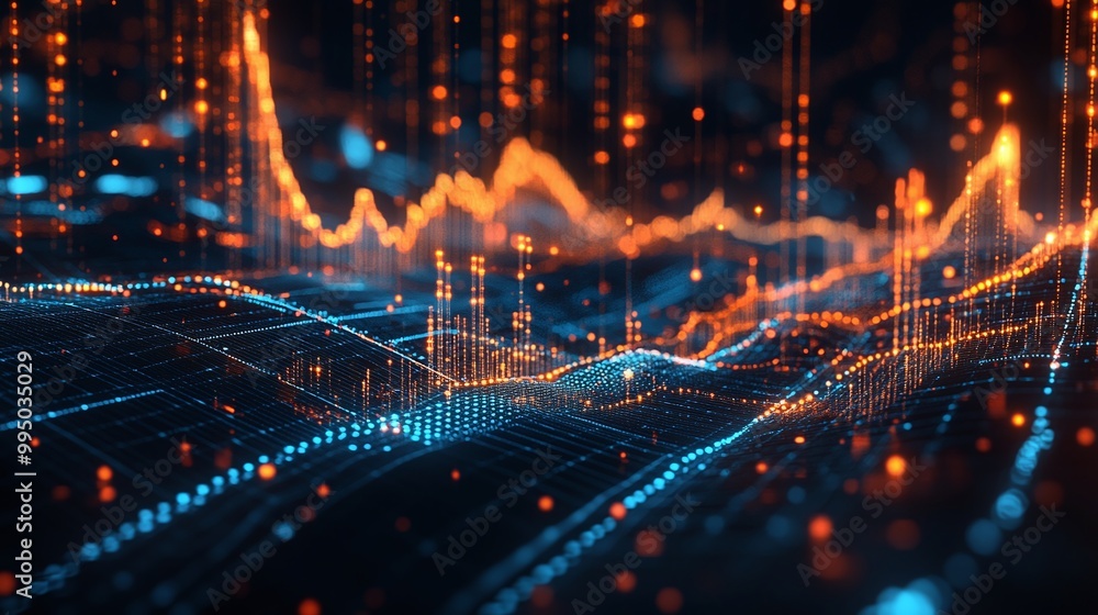 Dynamic data visualization with vibrant lines and glowing dots representing information flow and analytics in a digital landscape. Dynamic data visualization with vibrant lines and glowing dots representing information flow and analytics in a digital landscape.