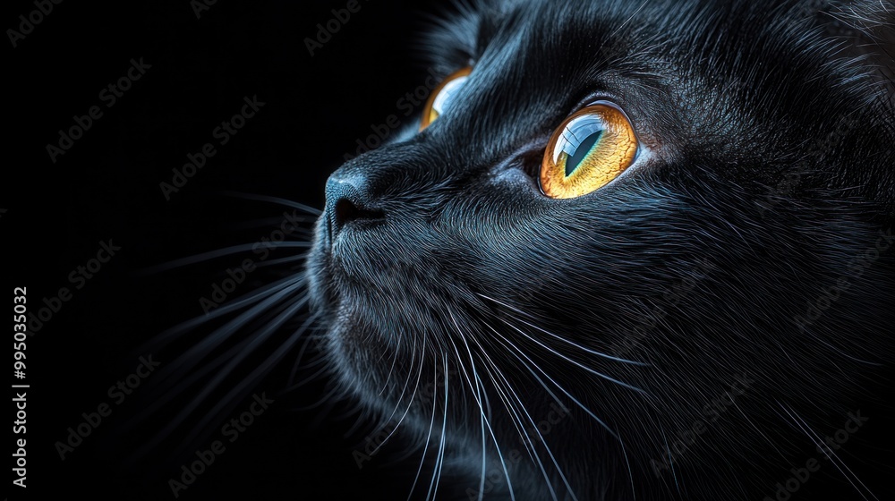 Close-up of a black cat's face with striking golden eyes. Close-up of a black cat's face with striking golden eyes.