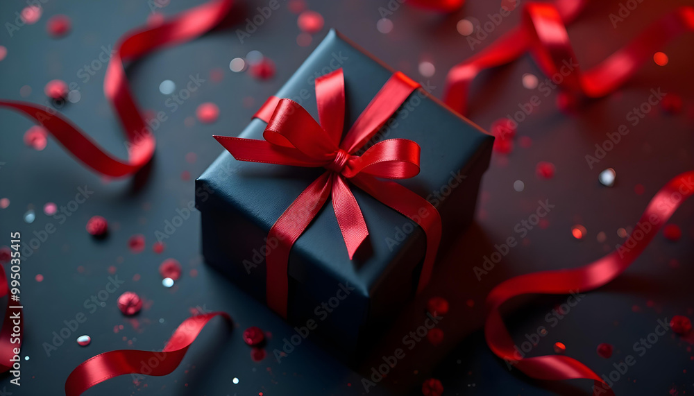 A Dark Blue Gift Box with a Red Ribbon and Scattered Red Sequins A Dark Blue Gift Box with a Red Ribbon and Scattered Red Sequins