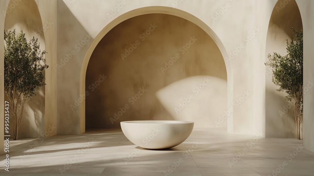 Elegant bowl in a serene, minimalist interior space with soft lighting. Elegant bowl in a serene, minimalist interior space with soft lighting.