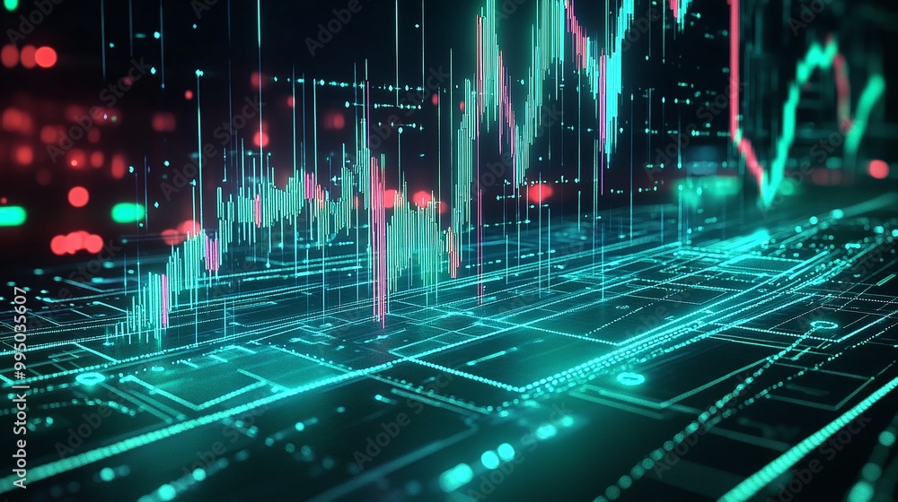 Dynamic digital financial graph displaying market trends and fluctuating data in vibrant colors. Dynamic digital financial graph displaying market trends and fluctuating data in vibrant colors.