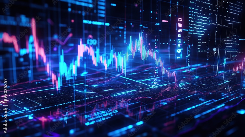 Dynamic digital graph representation with colorful lines and data points on a dark background. Dynamic digital graph representation with colorful lines and data points on a dark background.