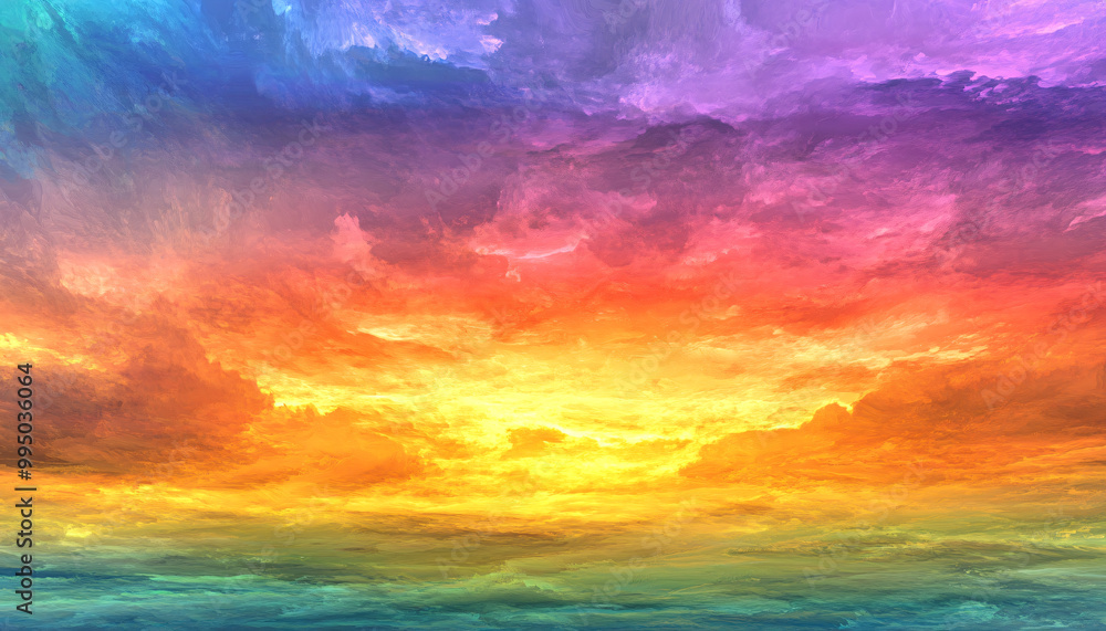 Obraz premium A dreamy sky transitioning from a golden sunset to a full spectrum of rainbow colors, giving off a vibrant yet calming feel