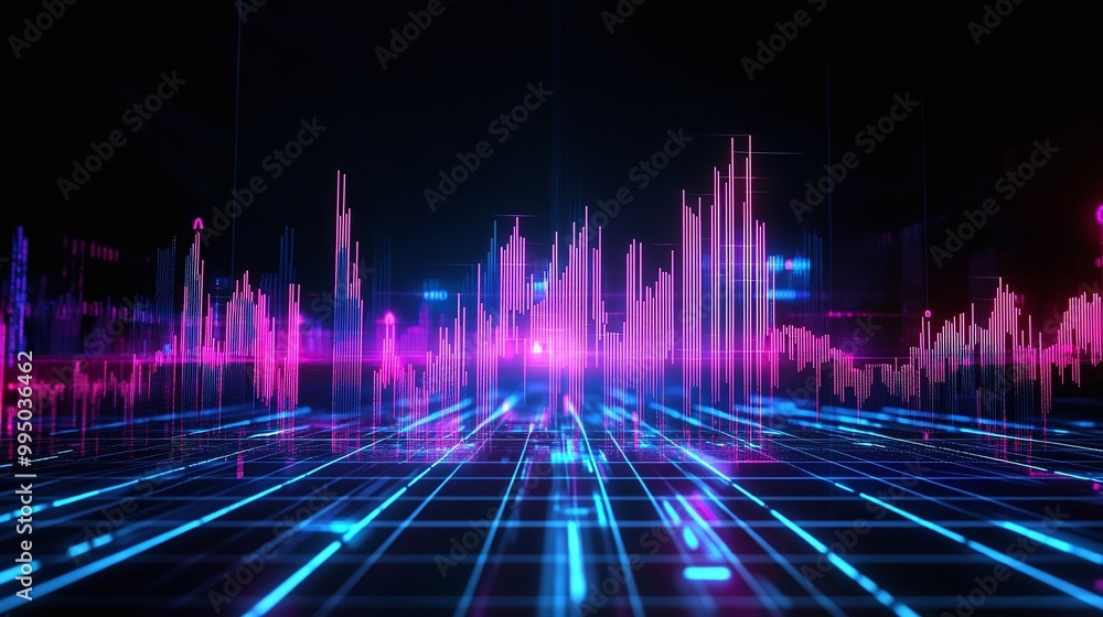 Dynamic digital sound waves in vibrant neon colors on a futuristic background. Dynamic digital sound waves in vibrant neon colors on a futuristic background.