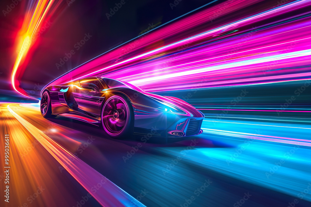 A car is driving down a highway with a bright blue background, generative ai., A car is driving down a highway with a bright blue background, generative ai.,
