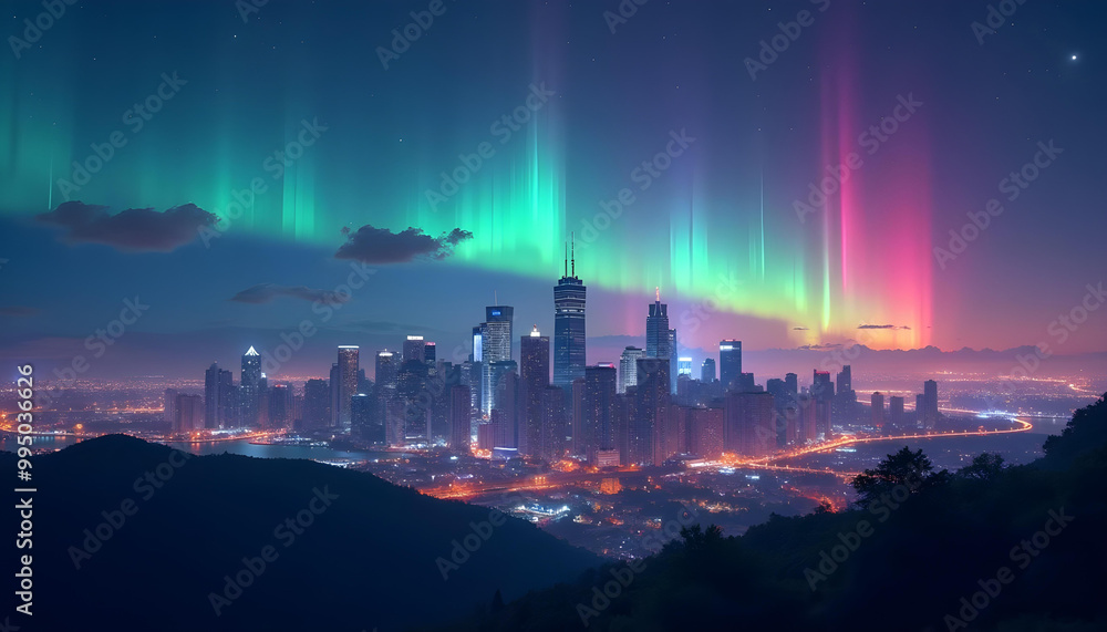 Fototapeta premium Cityscape with Green and Pink Aurora Borealis at Night