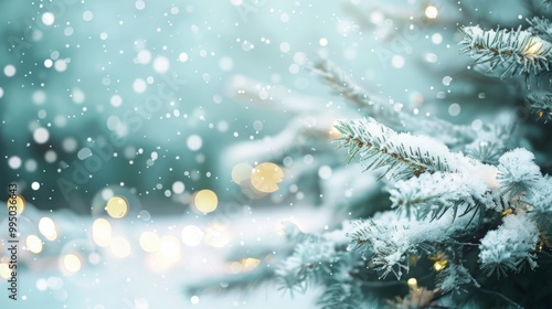 Festive Christmas Background with Snow-Covered Fir Tree and Blurred Lights, Perfect for Winter Landscape, New Year Celebration, Snowy Nature Wallpaper, Christmas Card Template with Space for Text