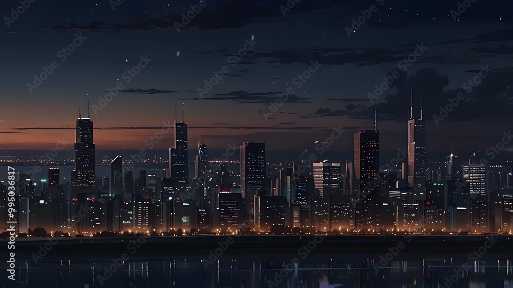 Naklejka premium Bird eyes view Chicago at night with skyscrapers cartoon anime
