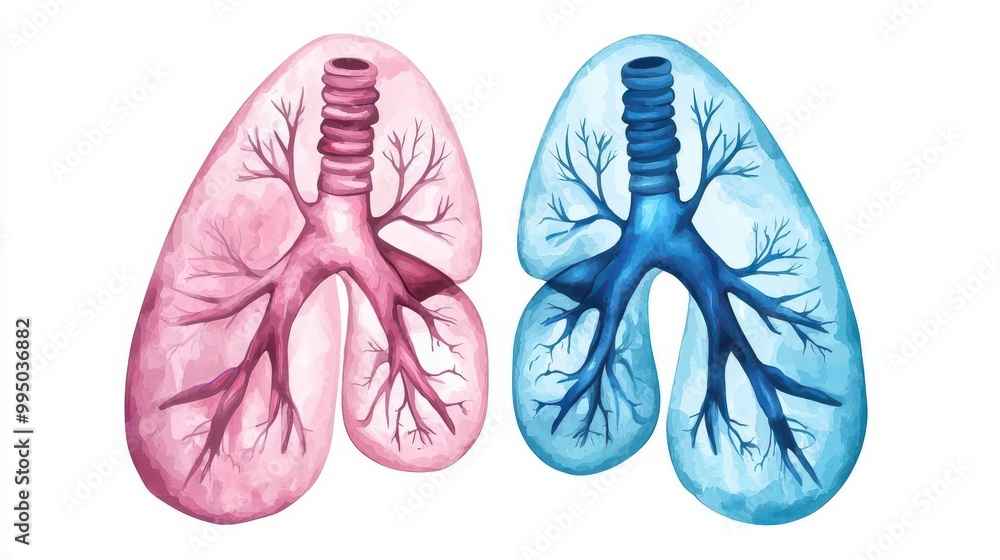 Normal vs cancerous lungs, comparison for awareness, gentle hues, watercolor style Normal vs cancerous lungs, comparison for awareness, gentle hues, watercolor style