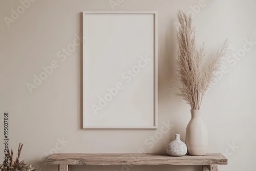 Minimalist Home Decor with Dried Plants and Frame on Wooden Table
