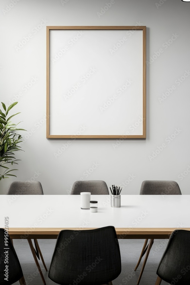 A minimal wood picture frame mockup on a white wall in a modern meeting room. 3d render, 3d illustration.generative ai A minimal wood picture frame mockup on a white wall in a modern meeting room. 3d render, 3d illustration.generative ai