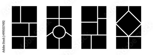 Image collage layout template set. Black mosaic mood board grid collection. Picture composition arrangement. Photo album idea for banner, poster, mockup, flyer, brochure, memory wall design. Vector