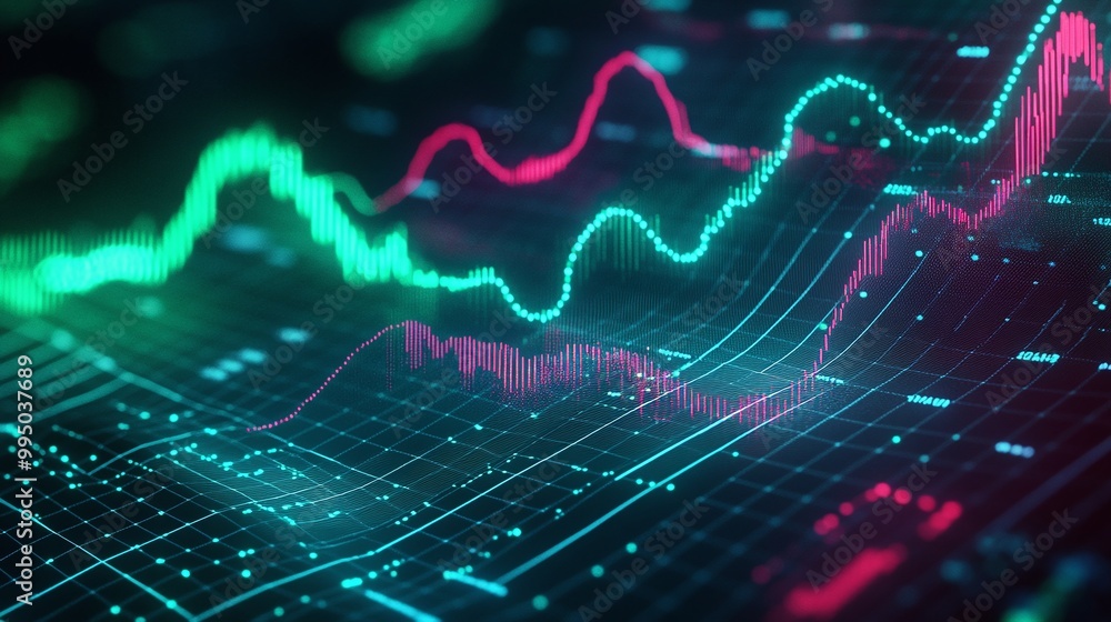 Dynamic financial graph showcasing market trends and data analysis with vivid colors. Dynamic financial graph showcasing market trends and data analysis with vivid colors.