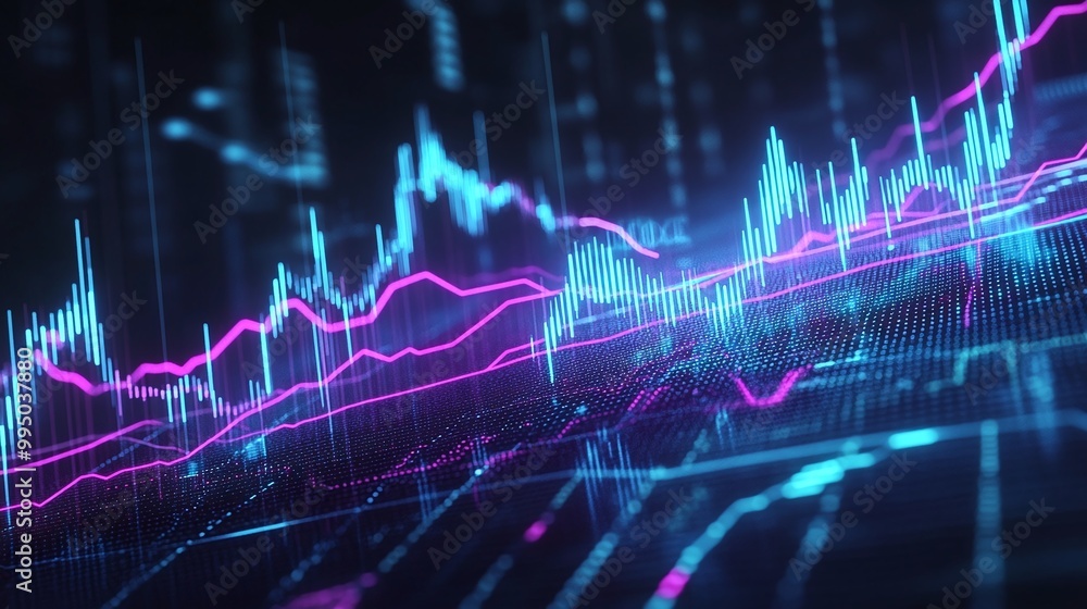Dynamic financial trading chart with vibrant lines and digital data representation. Dynamic financial trading chart with vibrant lines and digital data representation.
