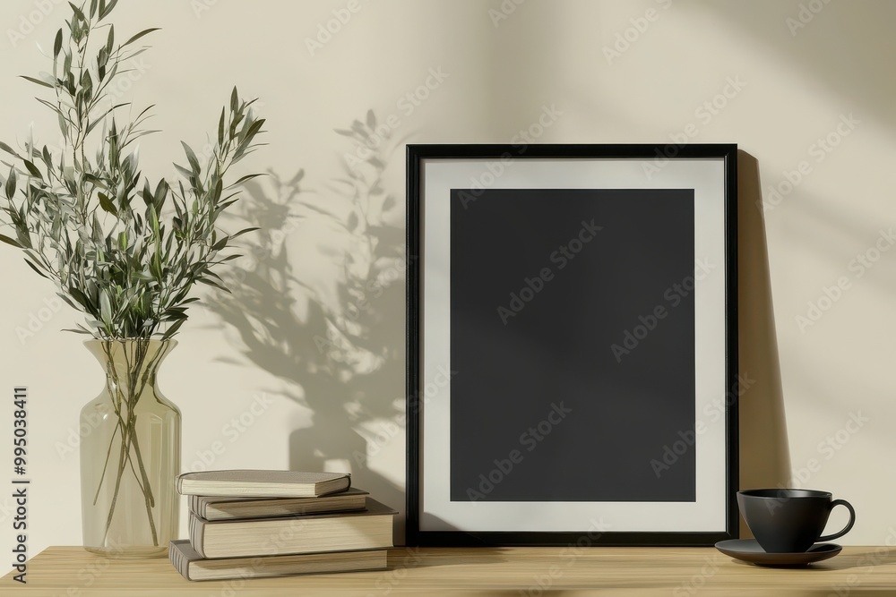 Modern Decor with Black Frame, Book, and Olive Branch in Vase on Shelf. Modern Decor with Black Frame, Book, and Olive Branch in Vase on Shelf.