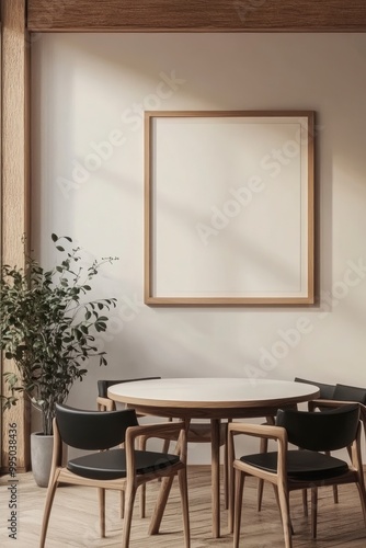 A minimal wood picture frame mockup on a white wall in a modern meeting room. 3d render, 3d illustration.generative ai