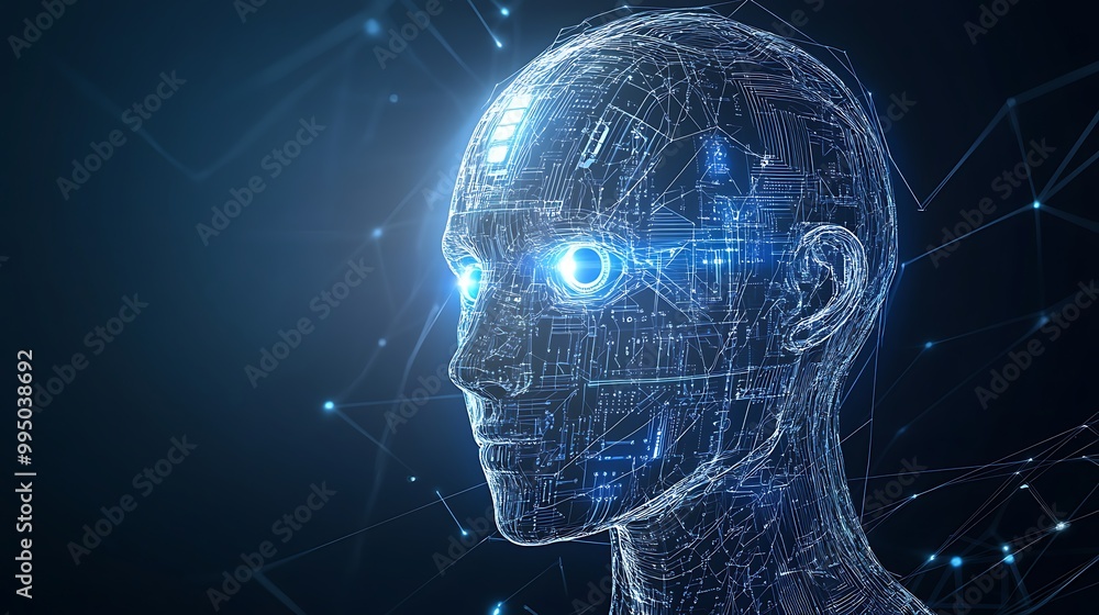 Closeup of a humanoid AI head with glowing eyes and circuitry patterns on a dark background. Closeup of a humanoid AI head with glowing eyes and circuitry patterns on a dark background.