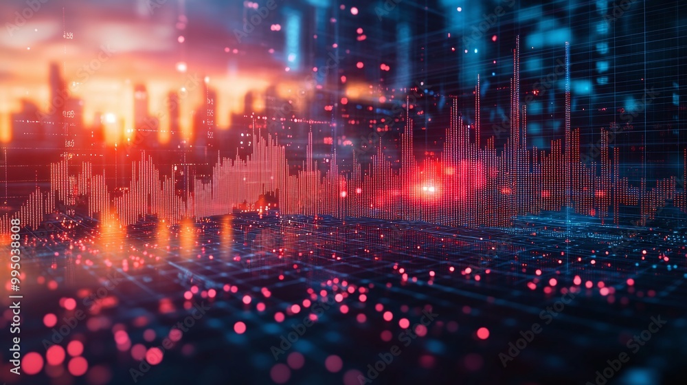 Futuristic city skyline with digital data visualization overlay at sunset, showcasing vibrant colors and advanced technology. Futuristic city skyline with digital data visualization overlay at sunset, showcasing vibrant colors and advanced technology.