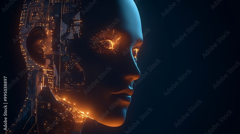 Closeup of a humanoid AI head with glowing eyes and circuitry patterns on a dark background. Closeup of a humanoid AI head with glowing eyes and circuitry patterns on a dark background.