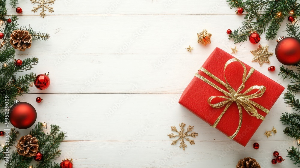 Christmas Scene with Single Red Gift and Pine Branches on White Wooden Background. Christmas Scene with Single Red Gift and Pine Branches on White Wooden Background.