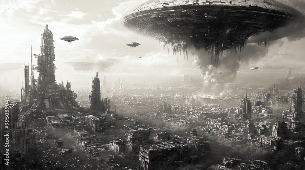 Futuristic cityscape with UFOs, monochrome, dramatic atmosphere, and desolate features. Futuristic cityscape with UFOs, monochrome, dramatic atmosphere, and desolate features.