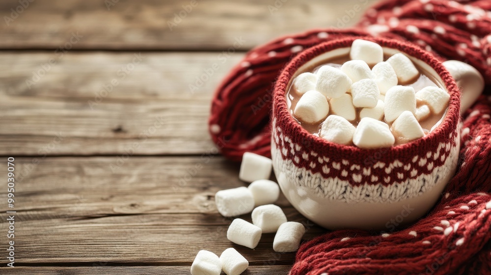 Warm Hot Chocolate with Marshmallows in Festive Red Mug on Rustic Wooden Background. Warm Hot Chocolate with Marshmallows in Festive Red Mug on Rustic Wooden Background.