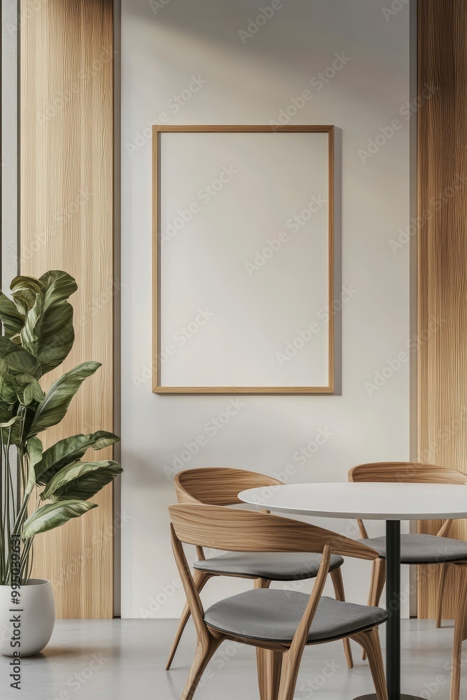 Fototapeta premium A minimal wood picture frame mockup on a white wall in a modern meeting room. 3d render, 3d illustration.generative ai