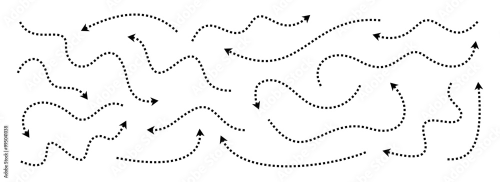 Black dotted thin arrows set. Wavy and curved dashed arrow collection. Wiggly sketched pointers and direction lines. Dots squiggle stripe design elements bundle for flyer, poster, brochure. Vector Black dotted thin arrows set. Wavy and curved dashed arrow collection. Wiggly sketched pointers and direction lines. Dots squiggle stripe design elements bundle for flyer, poster, brochure. Vector