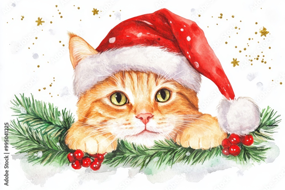 Ginger cat wearing a Santa hat, looking at the viewer, with a festive Christmas background. The cat is peeking through a pine branch with red berries, symbolizing joy, Christmas spirit, warmth, and lo Ginger cat wearing a Santa hat, looking at the viewer, with a festive Christmas background. The cat is peeking through a pine branch with red berries, symbolizing joy, Christmas spirit, warmth, and lo