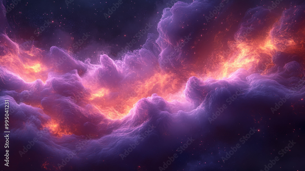 Fototapeta premium A cosmic dreamscape with bright orange and pink clouds.