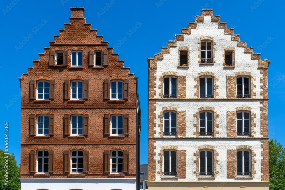 Fototapeta premium Charming Architectural Contrast: Red and White Historic Buildings Against Clear Blue Sky