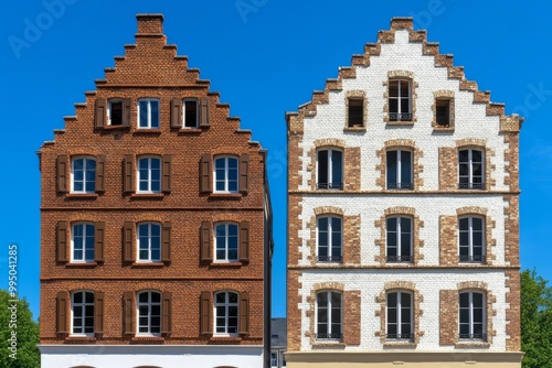 Charming Architectural Contrast: Red and White Historic Buildings Against Clear Blue Sky