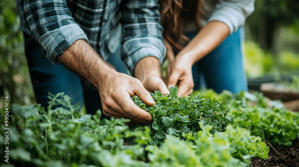 Fototapeta premium Hands gardening fresh organic green vegetables in a lush garden.