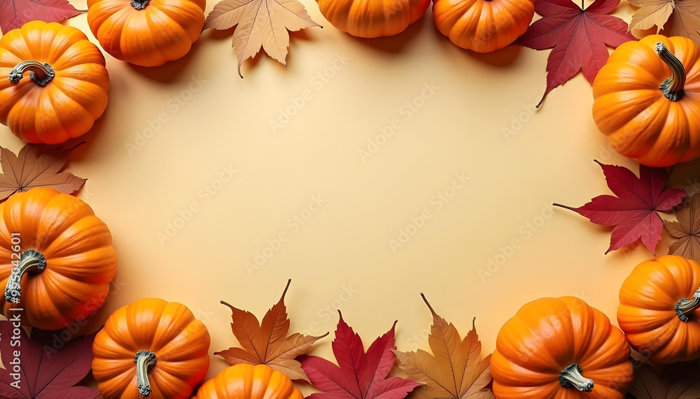 Pumpkins and Fall Leaves Border on a Yellow Background Pumpkins and Fall Leaves Border on a Yellow Background