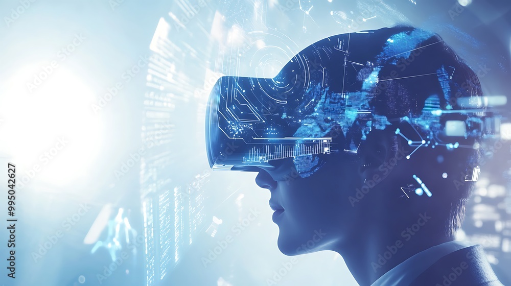A visually captivating stock image of a human head overlaid with virtual reality elements and futuristic graphics, representing the advancement of technology.