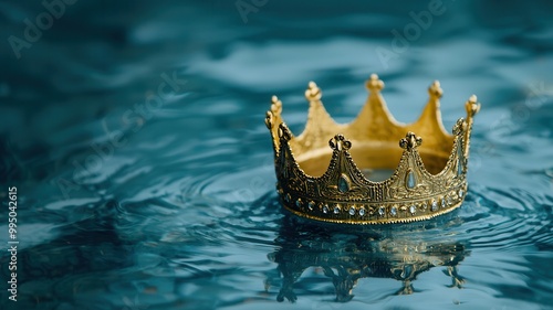 A golden crown floats on calm, rippling water, creating a serene and regal atmosphere. photo