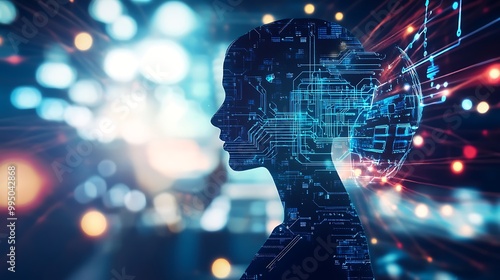 A conceptual stock photo featuring a human silhouette merged with circuit board patterns and technology symbols, emphasizing the symbiotic relationship between humans and AI.