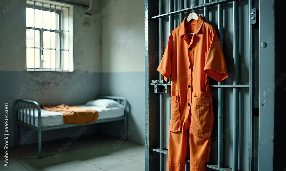 Orange inmate uniform hanging on a prison cell door, with soft light streaming through a barred window, conveying solitude and reflection. Generated with AI Orange inmate uniform hanging on a prison cell door, with soft light streaming through a barred window, conveying solitude and reflection. Generated with AI