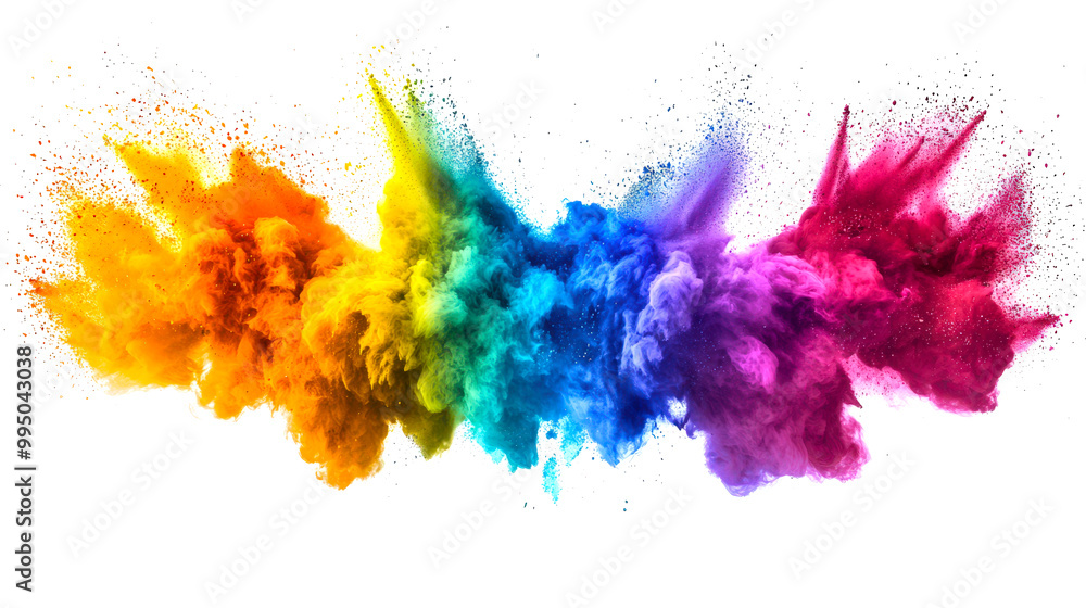 The concept of a cool new idea. Dancing colors of holi in the air on a white background. An iridescent cloud of smoke, dust and small colorful particles. A bright explosion of smoke and fire The concept of a cool new idea. Dancing colors of holi in the air on a white background. An iridescent cloud of smoke, dust and small colorful particles. A bright explosion of smoke and fire