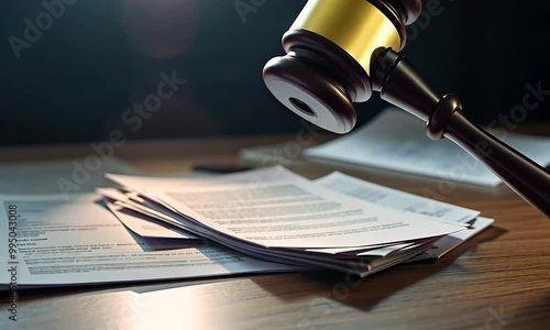Gavel striking down on a stack of legal documents, symbolizing the authority and finality of the judicial decision. Generated with AI