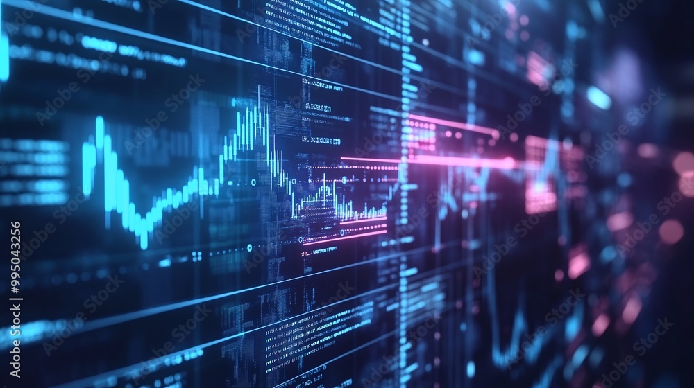 Futuristic digital data visualization with blue and pink abstract graphs on a dark background. Futuristic digital data visualization with blue and pink abstract graphs on a dark background.