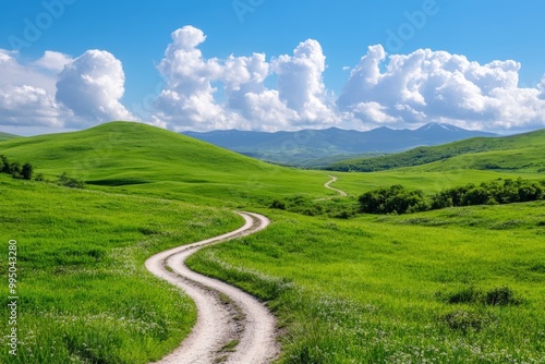 Serene Winding Dirt Path Through Lush Green Rolling Hills Under a Bright Blue Sky with Fluffy White Clouds, Perfect for Landscape and Nature Themes