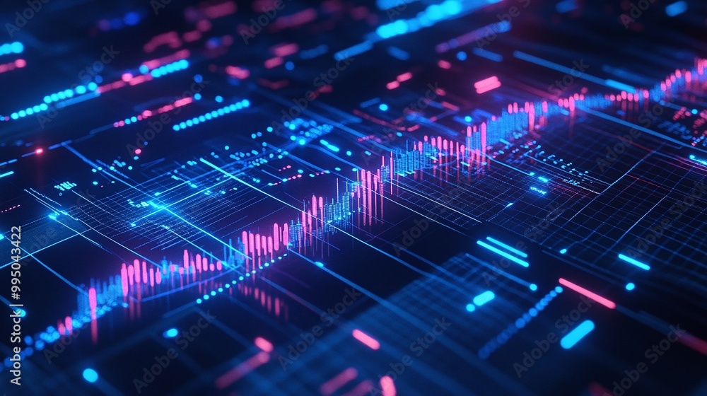 Futuristic digital data visualization with colorful graphs and neon lights in a dark background. Futuristic digital data visualization with colorful graphs and neon lights in a dark background.