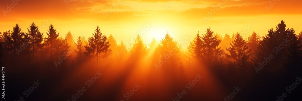 Misty Forest at Sunset, with sun rays illuminating a dense forest, creating a sense of tranquility and mystery, symbolizing nature's beauty, serenity, hope, and renewal. Misty Forest at Sunset, with sun rays illuminating a dense forest, creating a sense of tranquility and mystery, symbolizing nature's beauty, serenity, hope, and renewal.